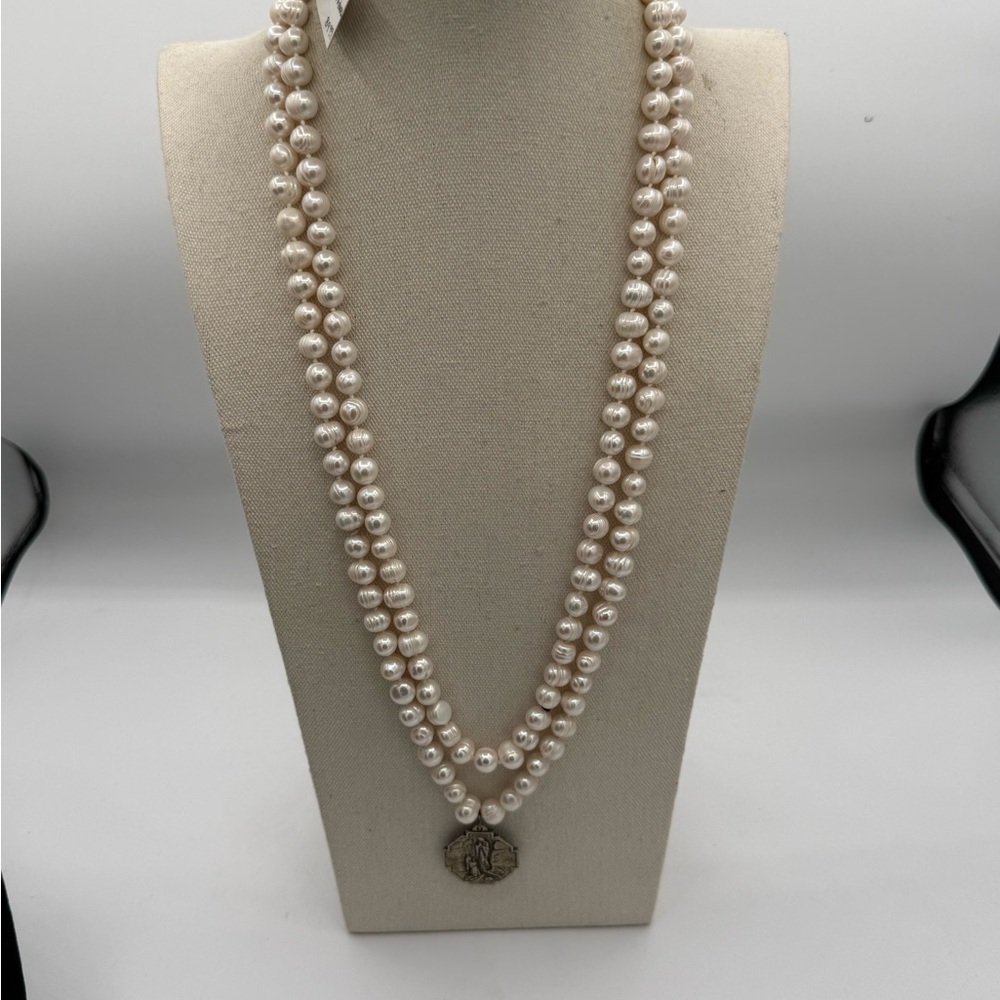 3 Lula n Lee 60” knotted pearl with St Christopher pendant